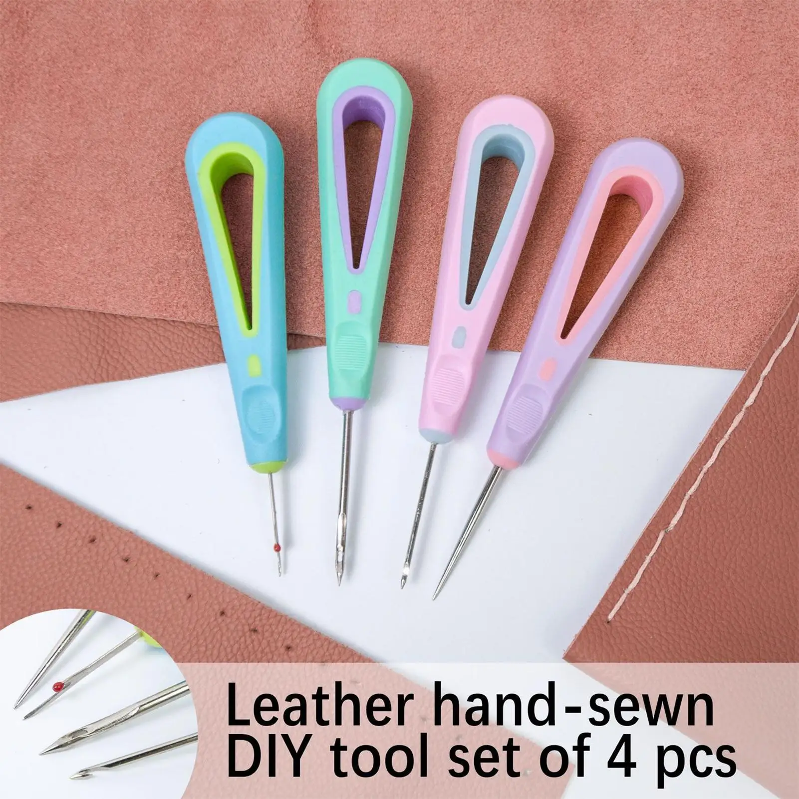 

4Pcs Leather Sewing Awl Kit with Threader for Hand Stitching Repair Embroidery DIY Craft Shoe Bag Making Beginner Tool