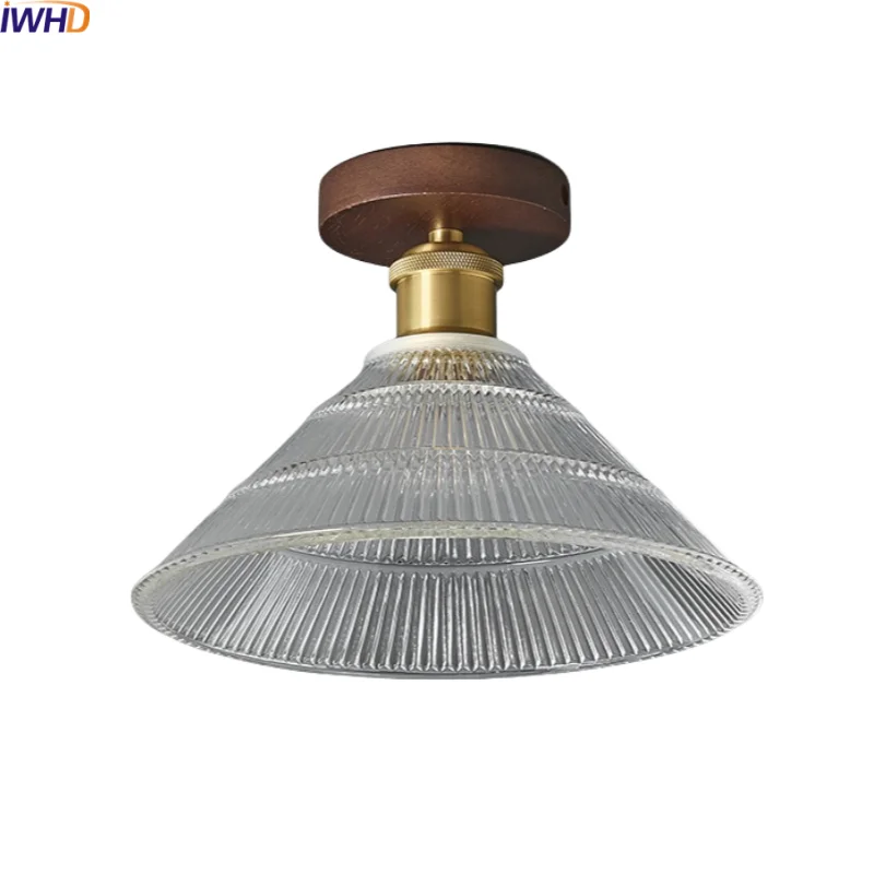 

IWHD Clear Glass LED Ceiling Lamp Aluminum Wood Porch Balcony Living Room Light Fixtures Nordic Modern Home Decor Plafondlamp