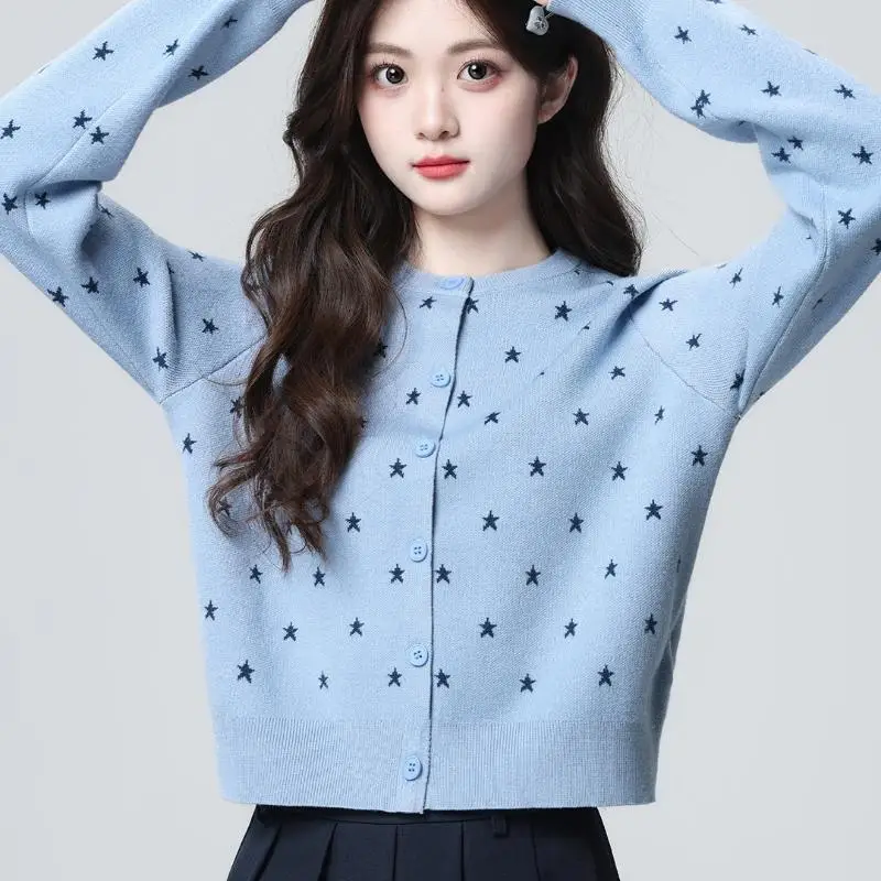 Sweet and Lovely Women's Round Neck Knitted Cardigan Autumn New Item Loose Fit Sweater for Teenagers Student Jacket Short Tops