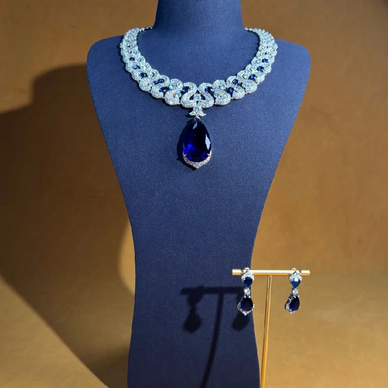 Designer Collection Style Necklace Earrings Inlay Cubic Zircon Red Blue Green Big Drop-shaped Tassels Pendant Party Jewelry Sets
