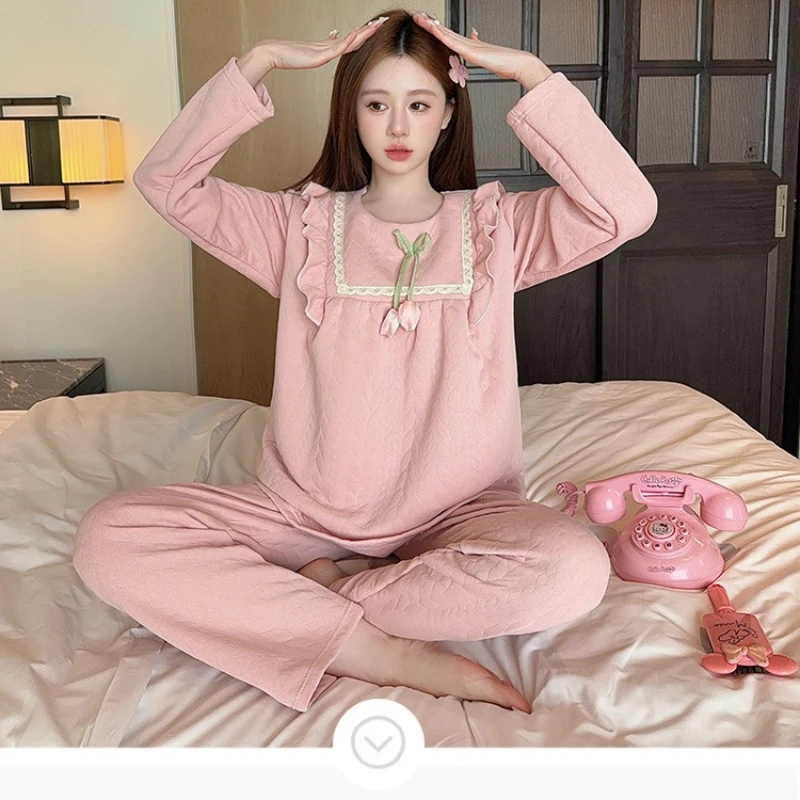 

M-5XL Plus Size Princess Style Pajamas Set Women's Autumn Winter Spwear Ort Sve Orts Home Clothes Set Korean Sweet Loungewear