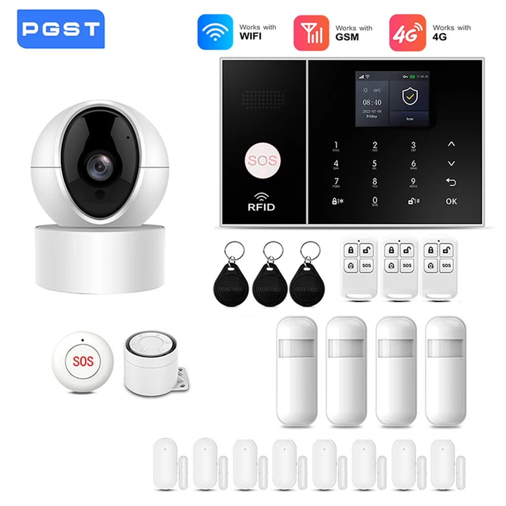 

Умная система сигнализации Tuya для дома, беспроводная, 4G WiFi, с управлением через приложение, совместима с Alexa и Google Home, без ежемесячной платы