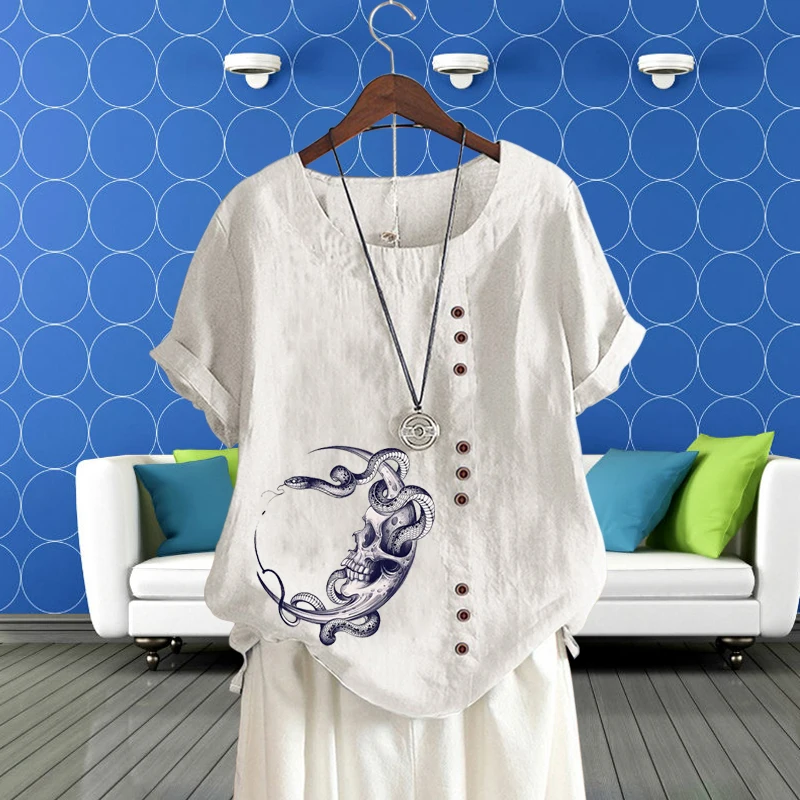 Camiseta con estampado de cuello redondo para mujer, ropa informal holgada de lino y algodón, jersey de manga corta con patrón de Calavera, Top para verano