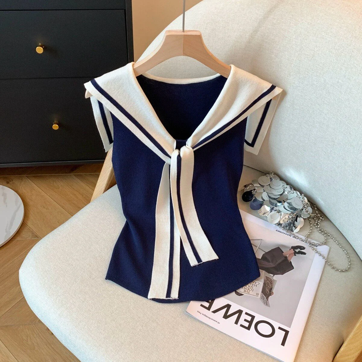 French Sailor Collar Fake Two-piece Ice Silk Knit Tank Top Women Color Contrast Sleeveless Vest Summer Slim Shawl Casual Tops