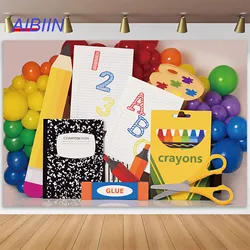 AIBIIN Back to School Photography Backdrops Colorful Balloons Pencils Painting Books ABC Go to School Party Decor Background