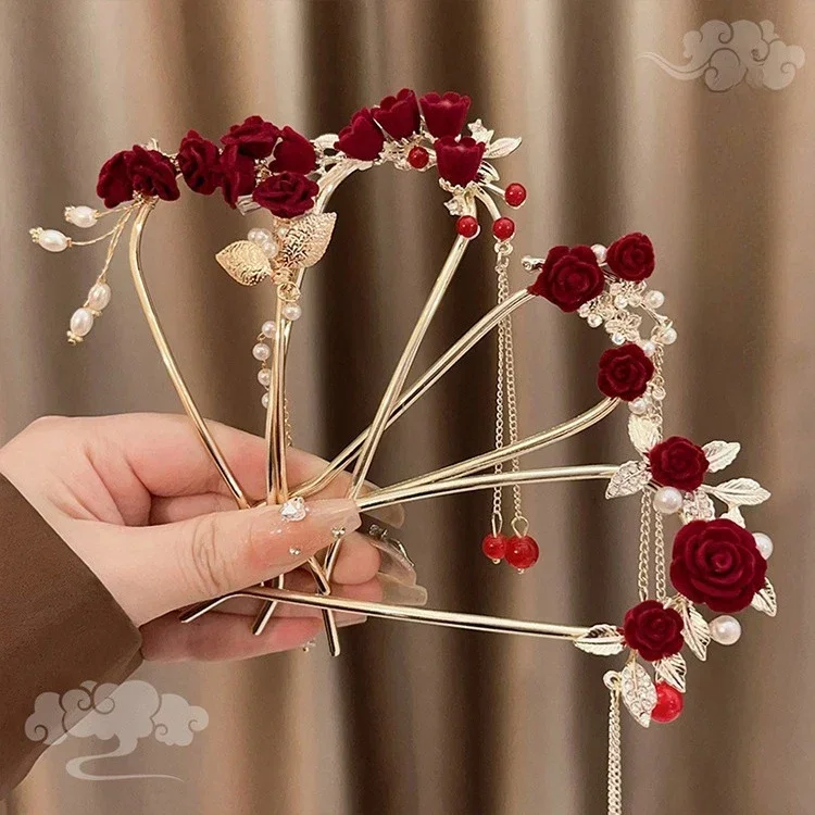 New Chinese Style Red Rose U-shaped Tassel Hairpin Womens Horse Face Skirt Accessories Headwear