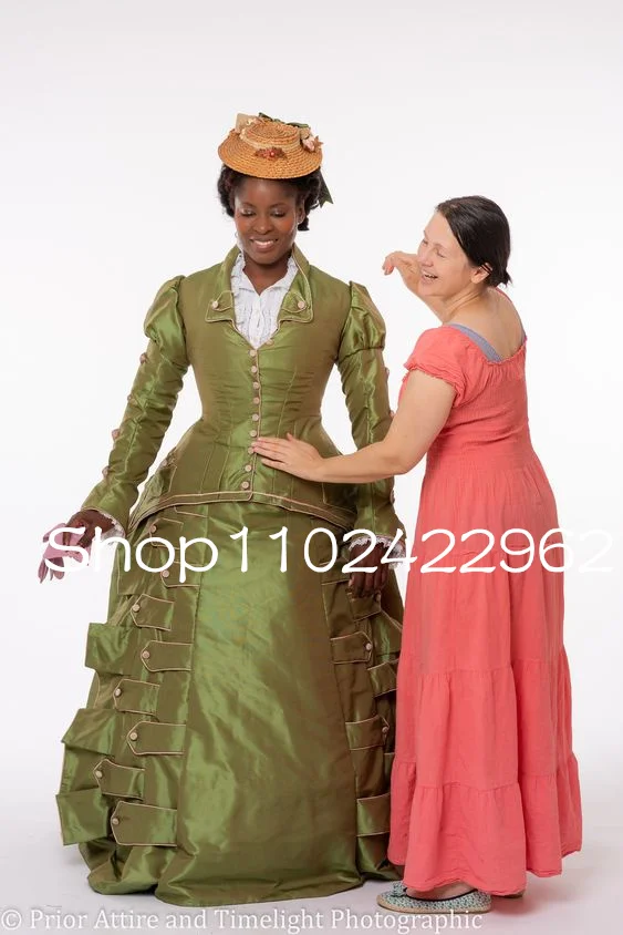 Victorian and Edwardian Olive Green Prom Dresses with Long Sleeve Plus Size Bustle Gypsy Historical Evening Occasion Gown