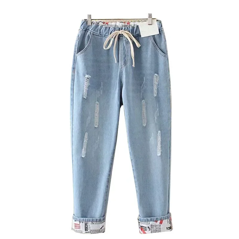 ยืดหยุ่นสูงเอว Hemming แฟน Ripped Harem กางเกงยีนส์ Mom Light Blue Cuffed Casual ข้อเท้าความยาว Capris Baggy Denim กางเกง