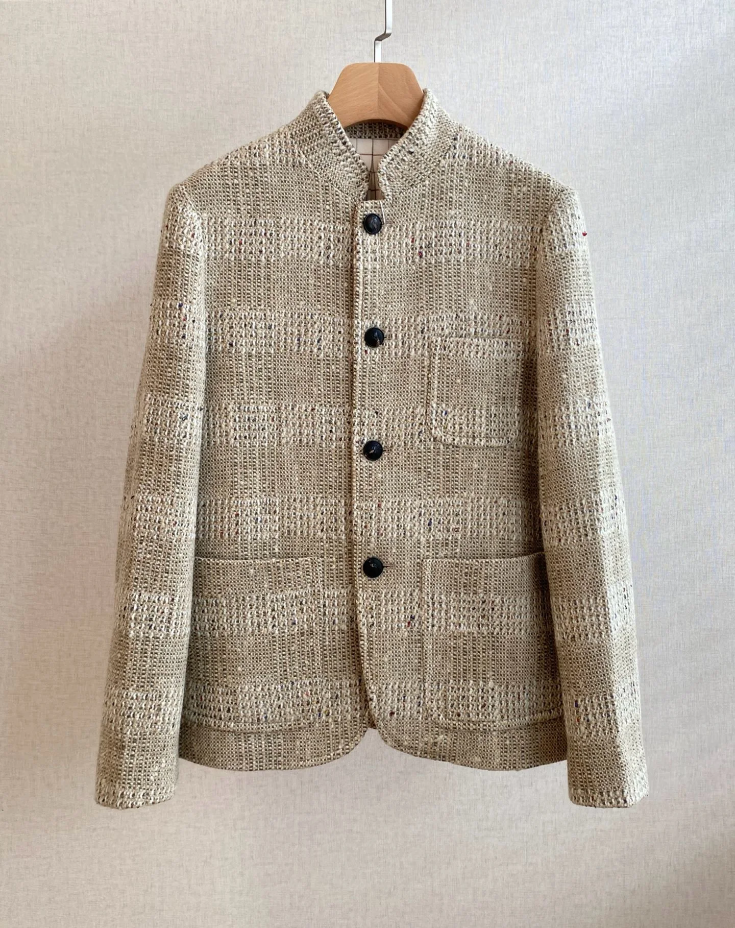 Vintage Textured Striped Tweed Jacket Stand Collar Button Casual Outerwear For Men