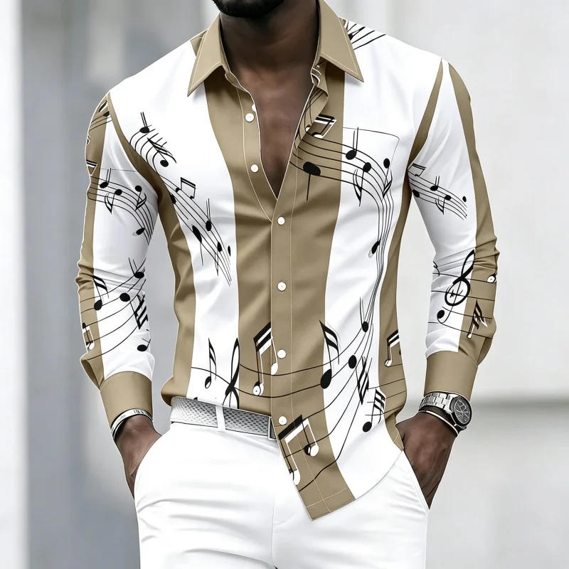 Men's collared shirt with creative musical note print, trendy long-sleeved casual top for everyday wear, dates, and outings. view 4