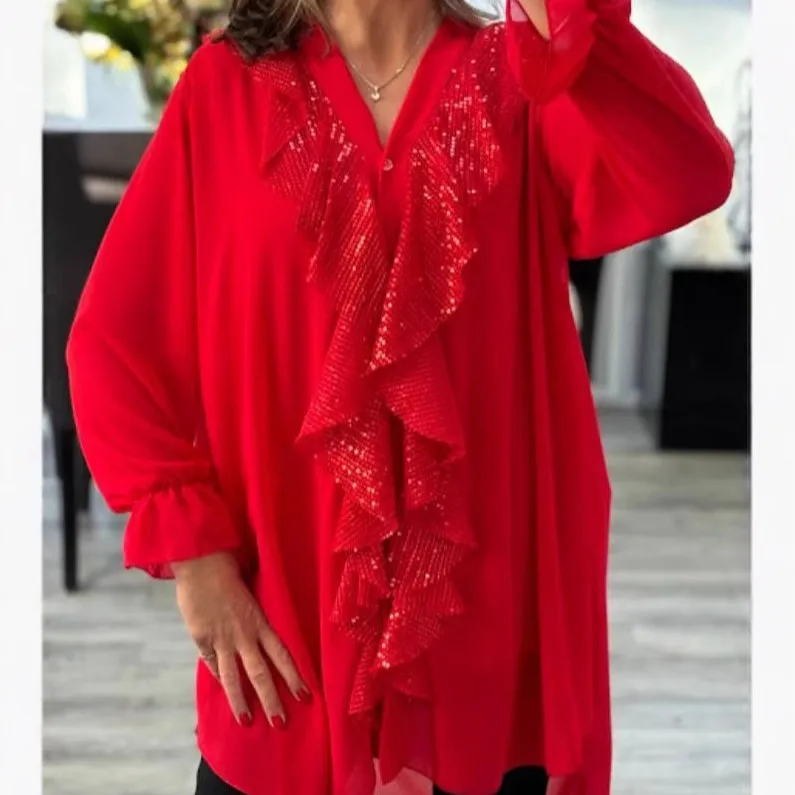 

2025 V Collar Loose Long Sleeved Mid Length Shirt with Patchwork Sequins for Women