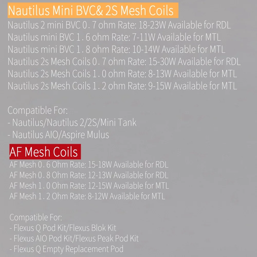 Nautilus Mini BVC/Nautilus 2S/BVC K1/AVP Pro/AF Mesh/Cloudflask Series Coil Core Head for Aspire Flexus/ET/ETS/CE5 Tank/Pod Kit