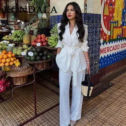 KONDALA 2026 Spring Summer Office Lady Suits Fashion Loose Casual Sashes Shrug Notched Blazers+Elegant Mid Waist Wide Leg Pants