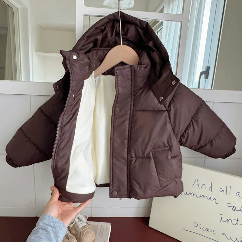 123  Autumn Winter Boys Jacket Solid Color Lamb Fleece Lining Thick Warm Hooded Zipper Coat For Girls Cotton Outwear 2 -10 Years