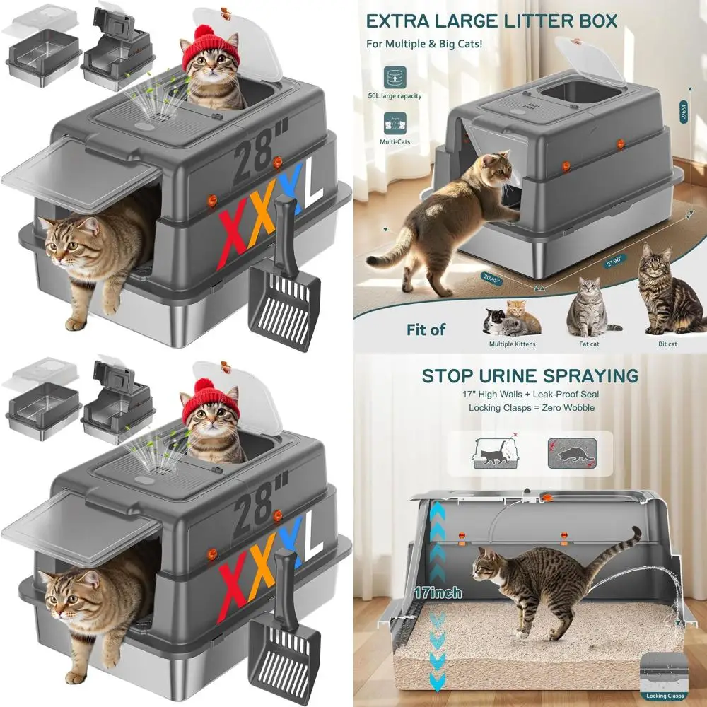 

Очень большой закрытый лоток для кошек на 28 л, для нескольких кошек, с контролем запаха, угольными фильтрами, высокими бортиками, съемной крышкой и совком, серый