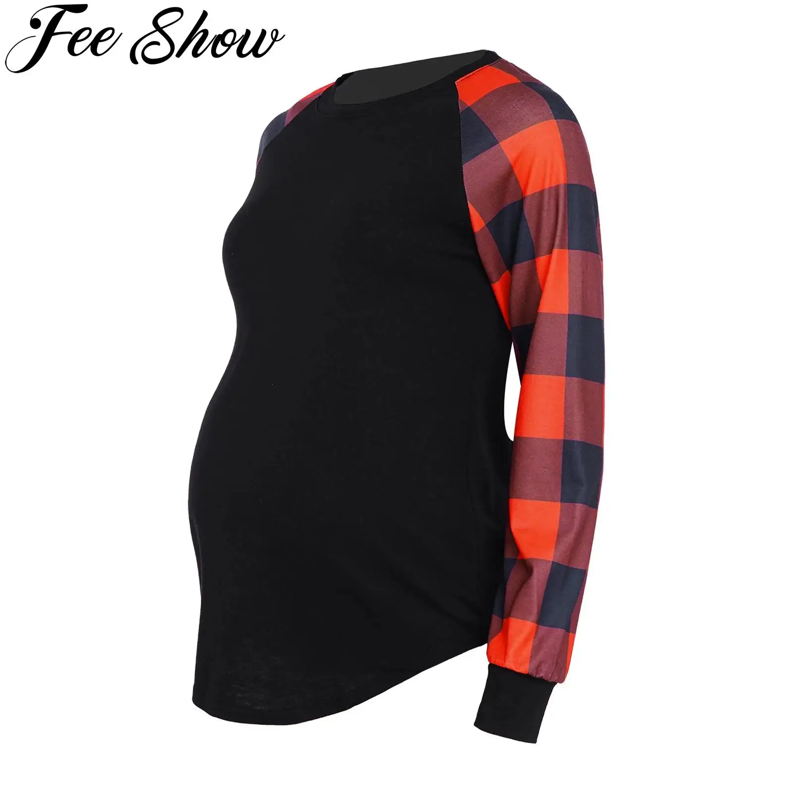 

Повседневная футболка для беременных в клетку с длинными рукавами и круглым вырезом, блузки с изогнутым подолом, топы, весенне-осенняя одежда для беременных, повседневная одежда