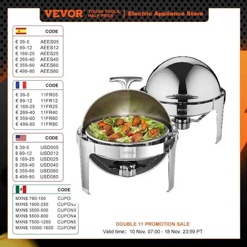 Vevor Roll Top Chafing Schotel Buffet Set 6 Qt 2 Pak Roestvrijstalen Chafer Met 2 Full Size Pans