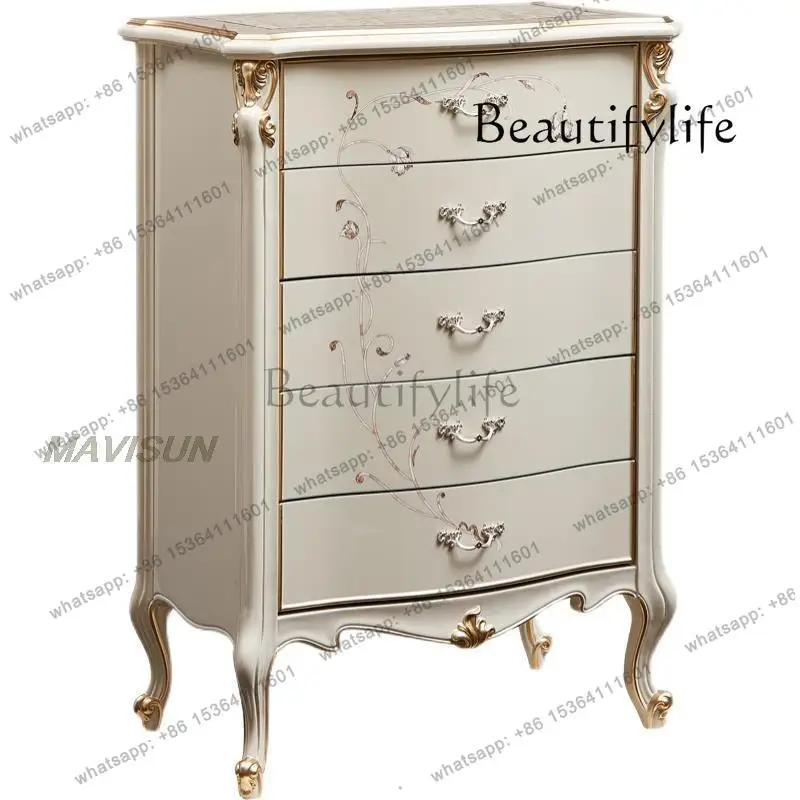 

American Solid Wood Chest Of Drawers White Light Luxury Hand-Carved Pattern Storage Cabinet Simple Bedroom Home Kitchen Stand