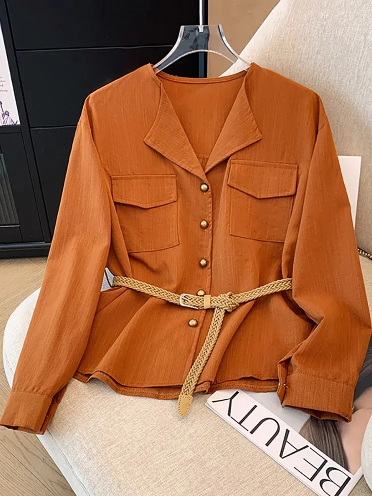 

Elegant Solid Color Shirt Autumn New Korean Chic Commuter V-Neck Pocket Stitching Slim With Belt Long Sleeve Shirts Coat Women