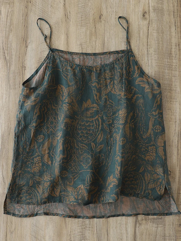 

Summer Women's Printed Hemp ort Strap Vest Versatile Size Large Base Tank Top Commute Sle round Ne Regular Length
