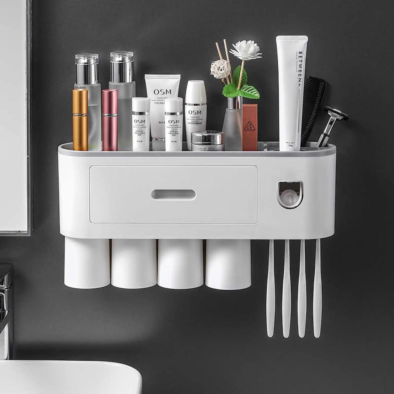 An der Wand montierter Zahnbürstenhalter mit Zahnpastaspender – Tablett mit großem Fassungsvermögen, 1 Kosmetikschublade – Badezimmer-Organizer, Aufbewahrungsregal