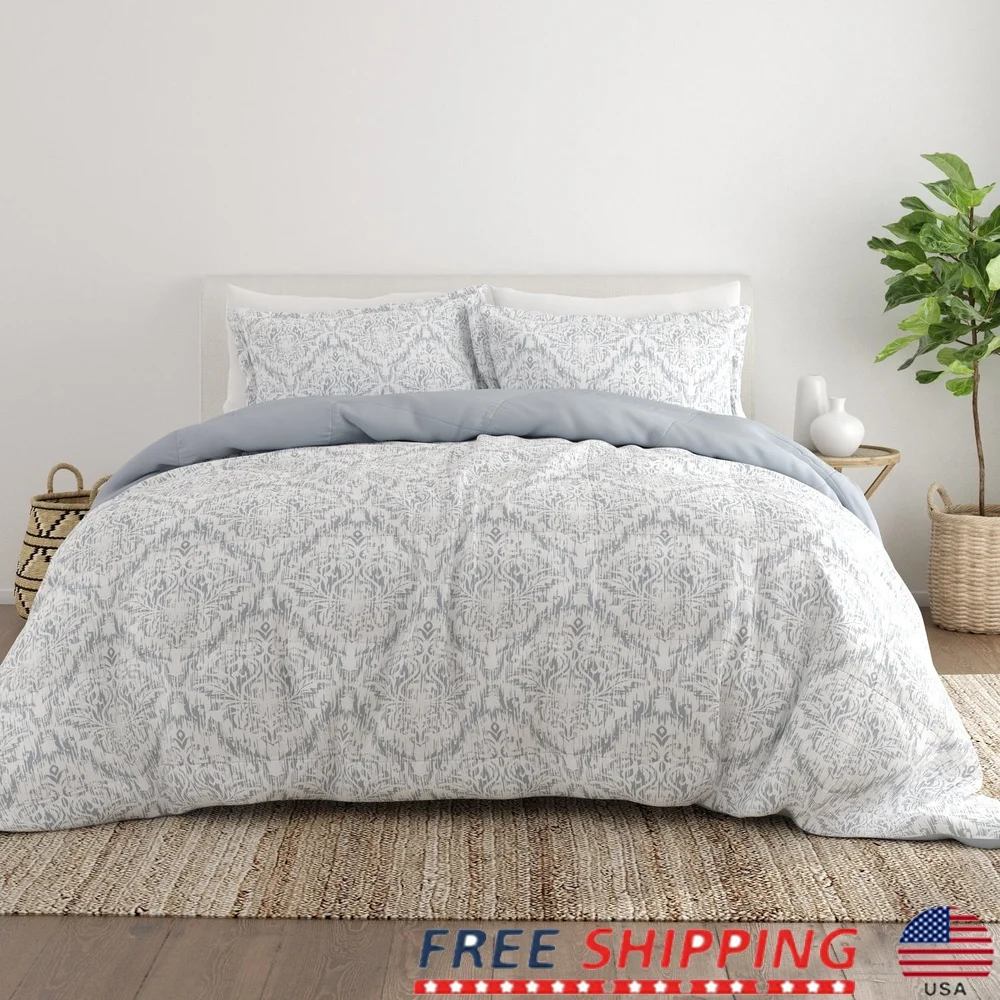

Down Alternative Comforter Set 3-Piece Light Blue English Countryside Patterned Hypoallergenic Cozy Bedding Full Queen Size