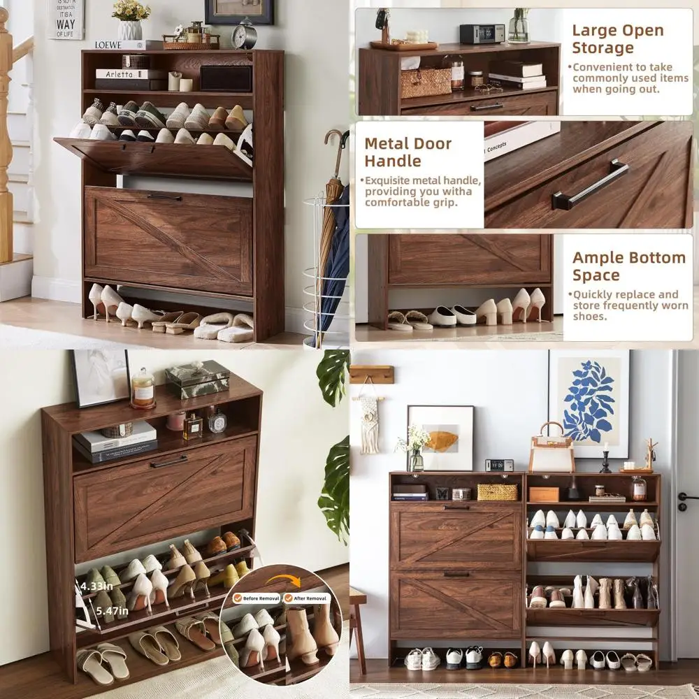 Freestanding Slim Shoe Storage Cabinet with Flip Drawers and Legs - Farmhouse Style Narrow Organizer Rack