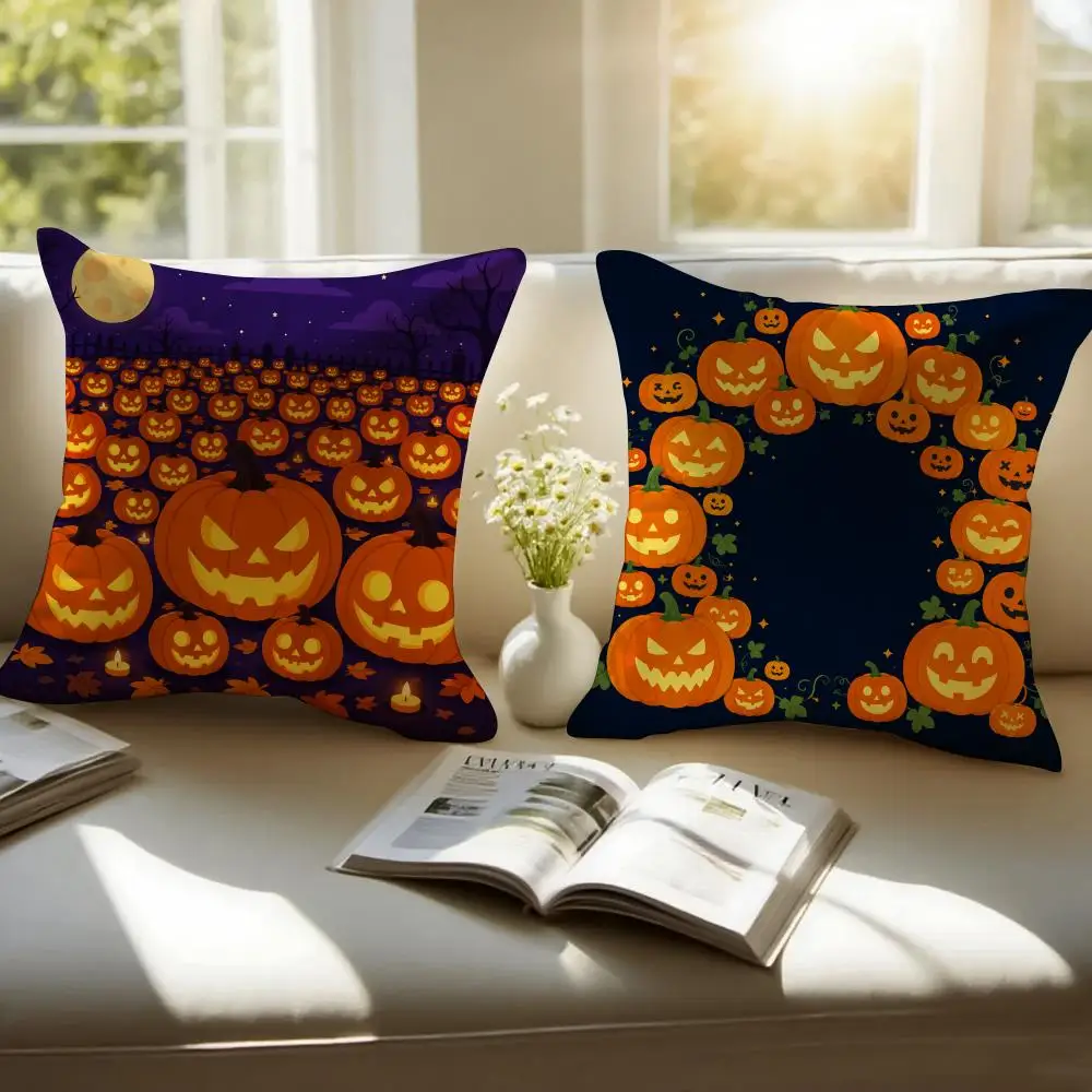 Halloween Pumpkin Lantern Array Cushion Cover Pillowcase Anti-dustmite Invisible Zipper Short Plush Sofa Cushion