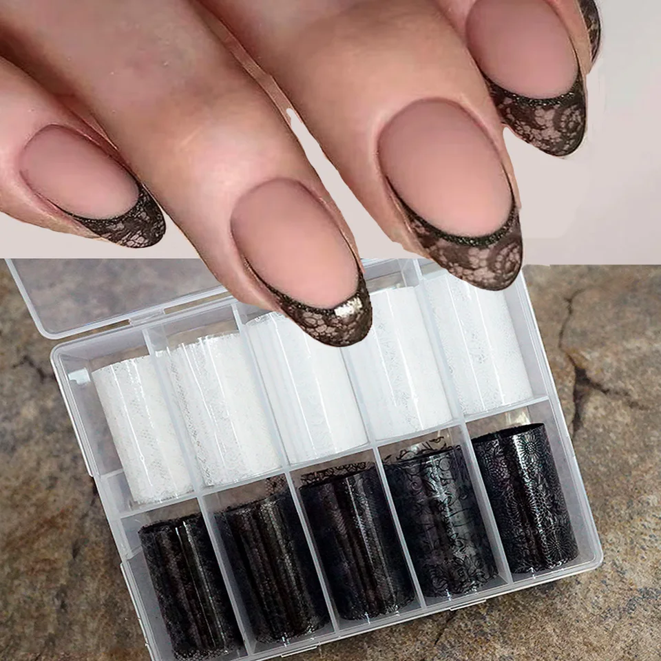 10 rollos de calcomanías de encaje blanco y negro para transferencia, calcomanías de uñas sexys, envolturas completas, decoración francesa DIY 2