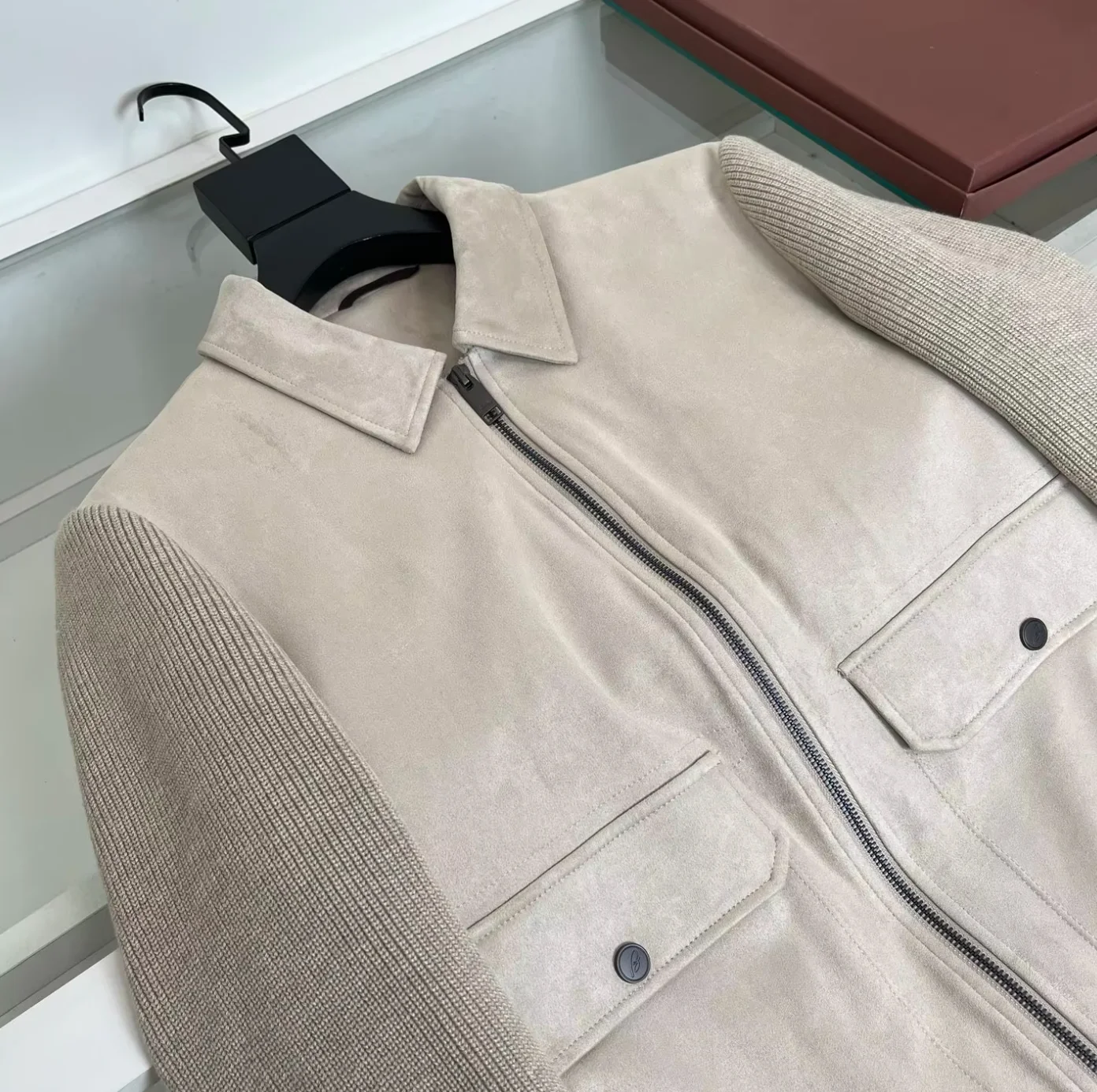 Italian Bri old money style stand-up collar knitted splicing casual thermal lapel down jacket