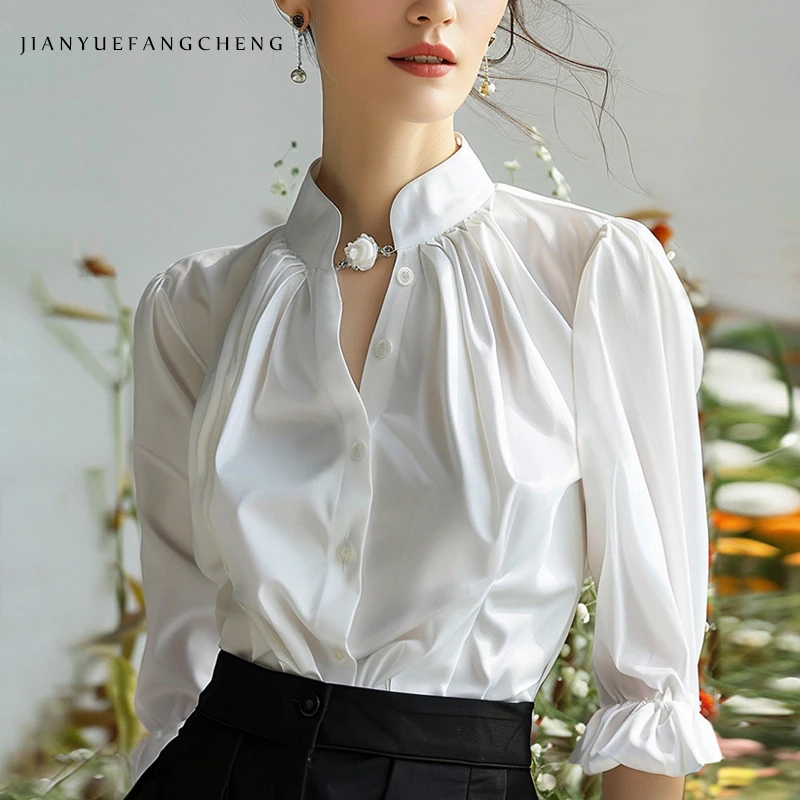 

2025 Spring Summer Women's White Shirt - French-Inspired Fashionable Blouse with Princess Design, Slimming Fit & 3/4 Sleeves Top