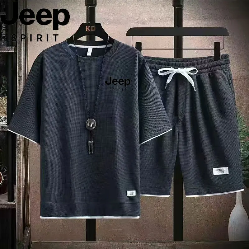 High-Quality JEEP Men's Outdoor Casual Set, Loose Versatile Two-Piece Outfit Including Sports Short-Sleeve T-Shirt and Shorts