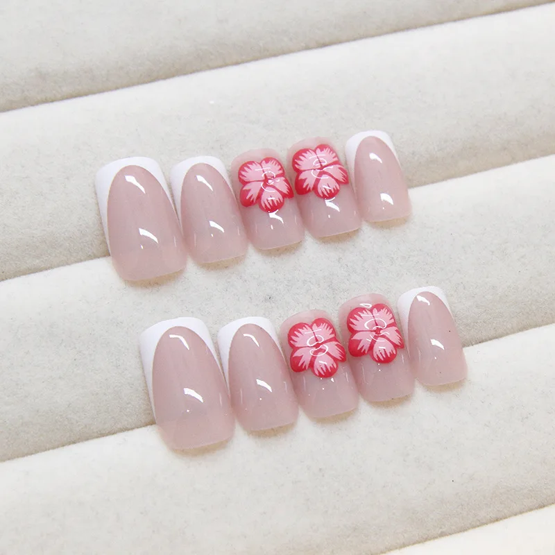 Parches de uñas postizas francesas, puntas de uñas postizas en 3D, color rosa rubor, diseños de flores, manicura Simple usable, 24 piezas