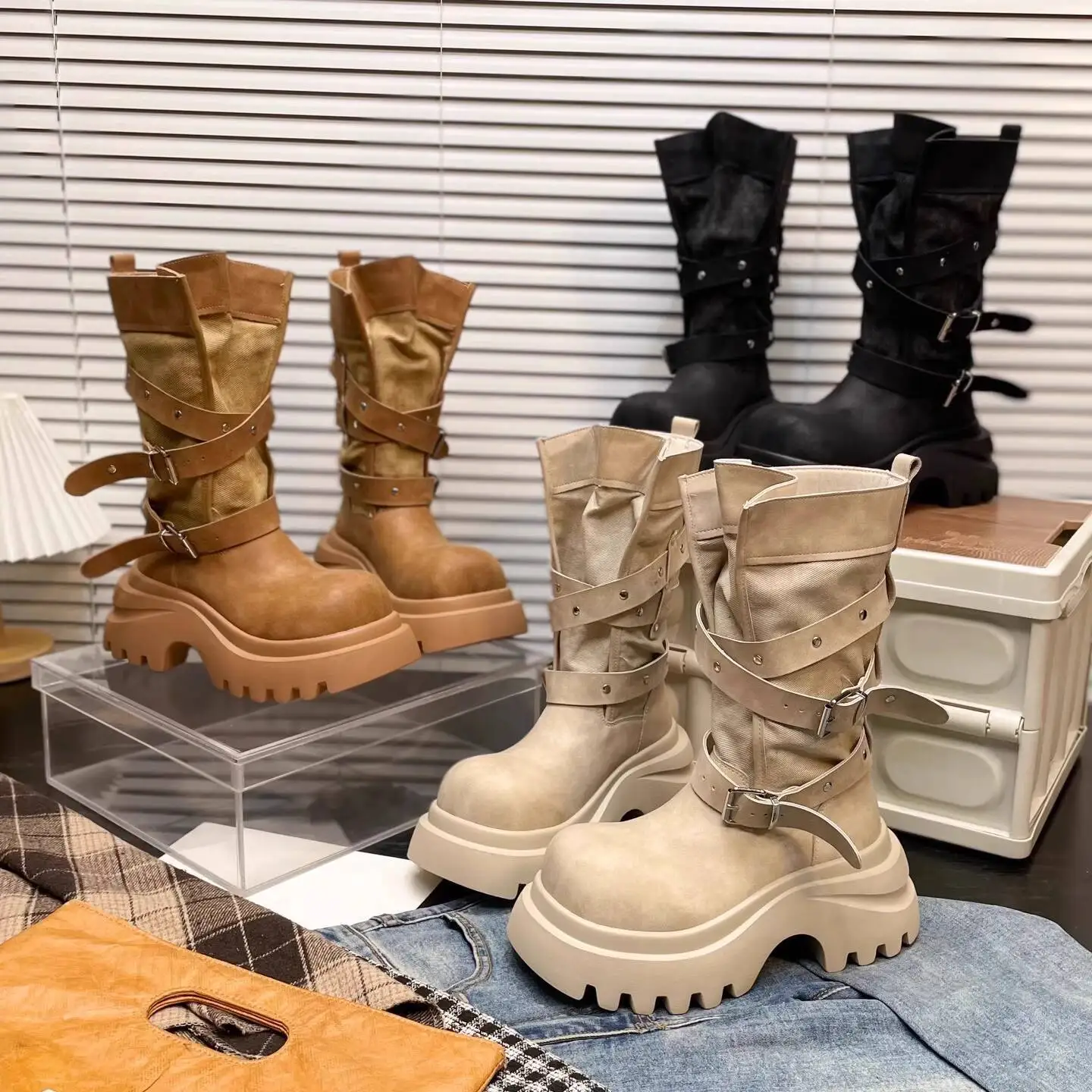 

Women's Boots 2025 New 7cm Thick Soled Leather Boots Women Mid Calf Style With Belt Buckle Cargo Boots Biker Rider Boots