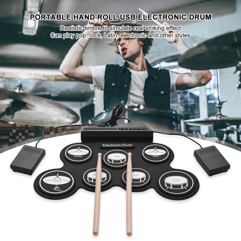 Electronic Music Drums Hand Roll USB Drum Black Silica Gel 7-Pad Kit With Drumsticks Sustain Pedal