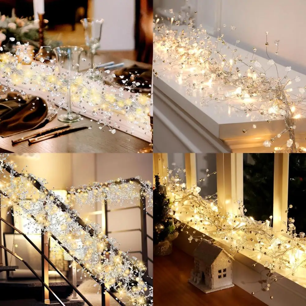 

Clear Ice Wire Garland with Lights, Acrylic Crystals, Faux Diamond Beads, Ideal for Christmas Tree and Holiday Party Decor