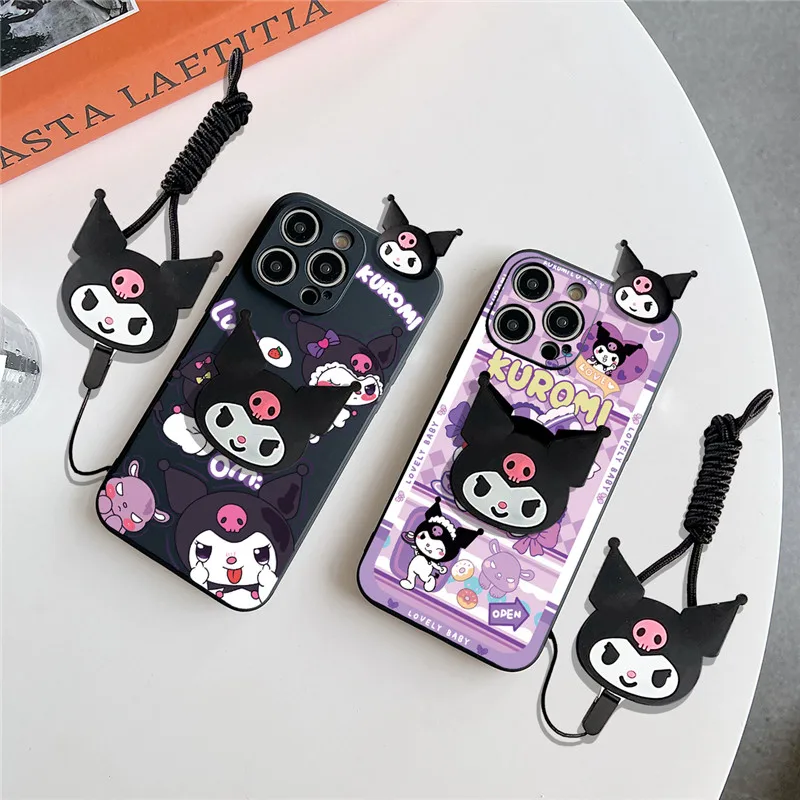 Kuromi Sanrio Black Toy keychain Phone Case For iPhone 15 14 13 12 11 Pro Max 7 8 Plus X XS XR Cute Baby Holder Soft Cover