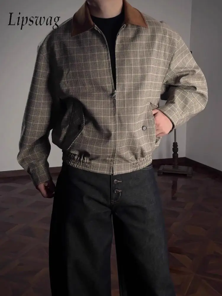 

Vintage Plaid Printing Patchwork Lapel Jackets Mens Stylish Zip-up Slim Fit Cropped Jacket Coats Men Spring Autumn Outerwear