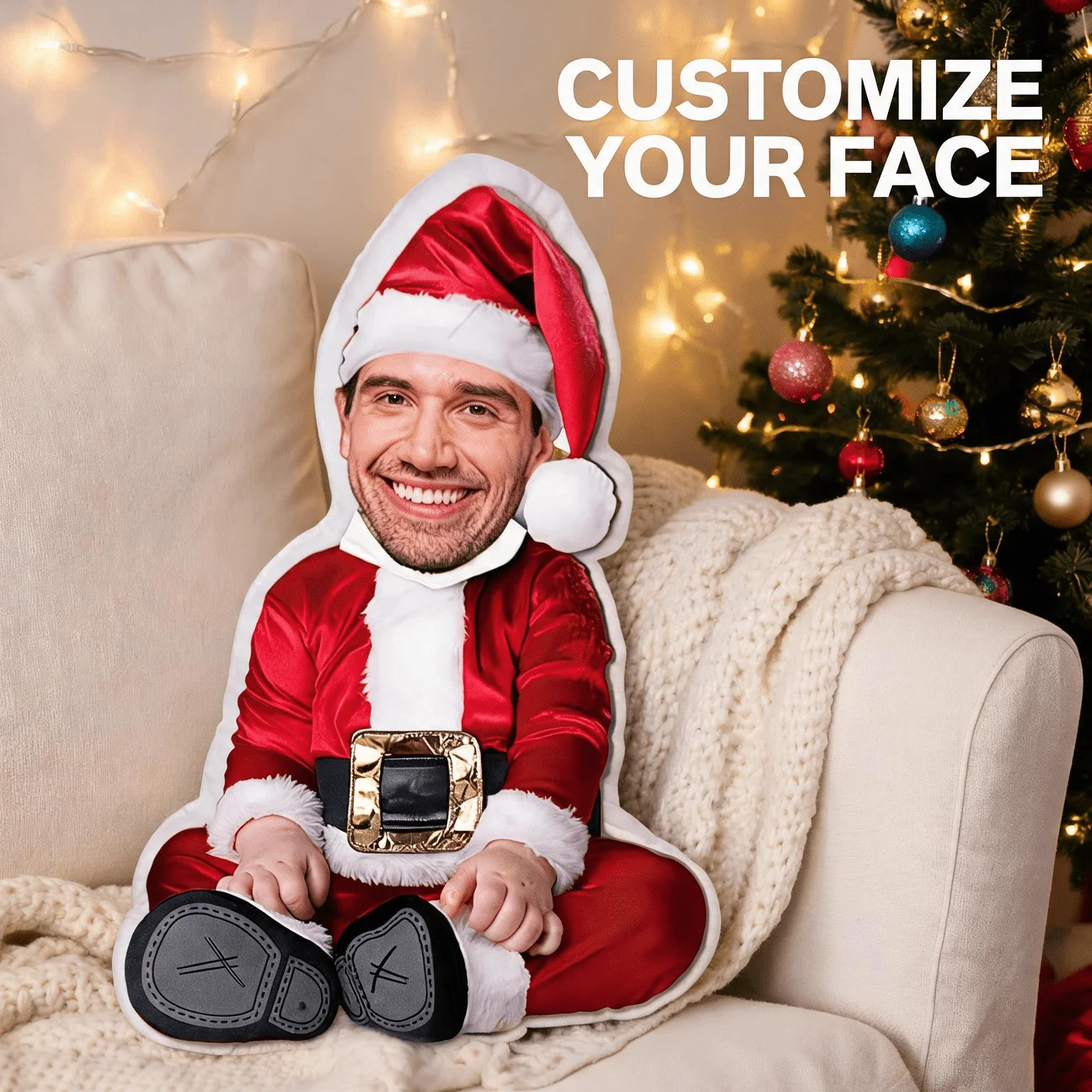 Custom Photo Santa Claus Shaped Pillow, Personalized Face in Red Suit Decorative Cushion, 70CM Funny Home Decor Accent for Sofa