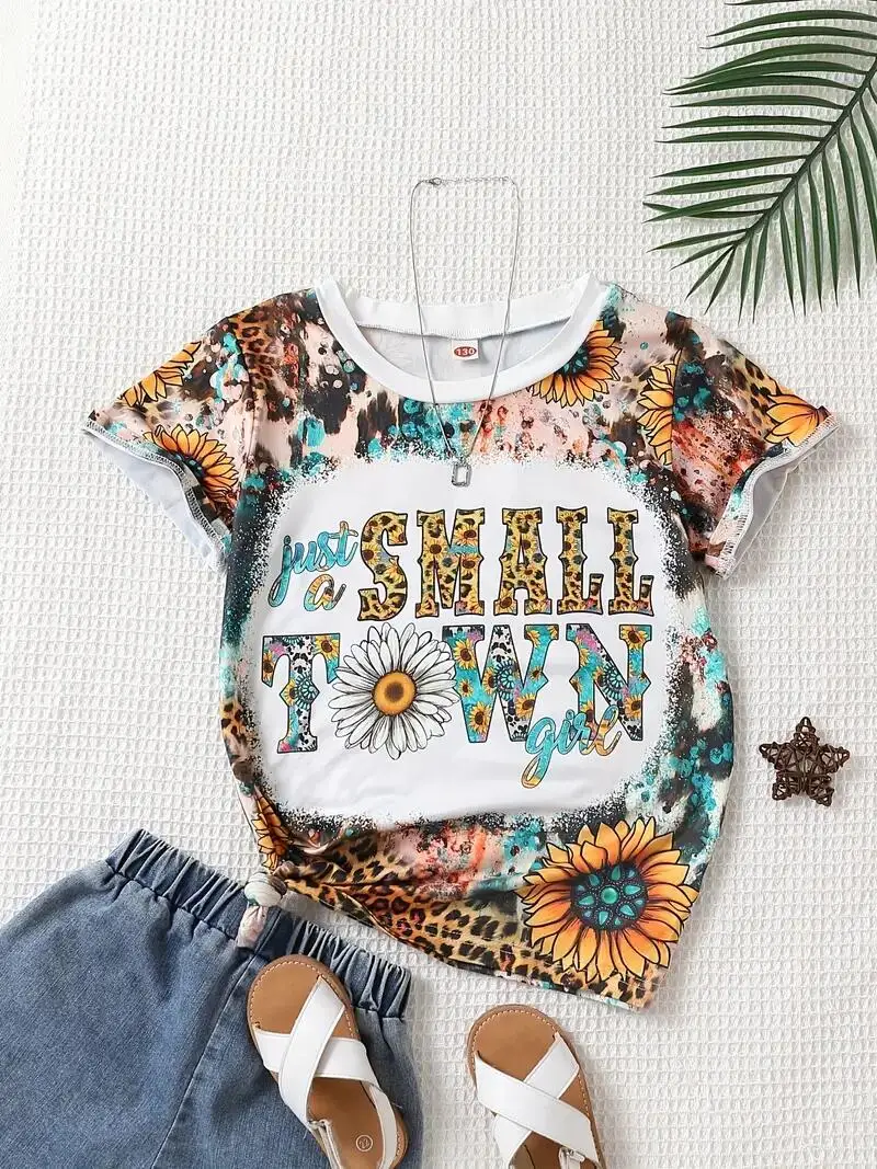 Girls Casual Trendy Vintage Sunflower Leopard Graphic Short Sleeve T-shirt for Summer Holiday Party Kids Clothes