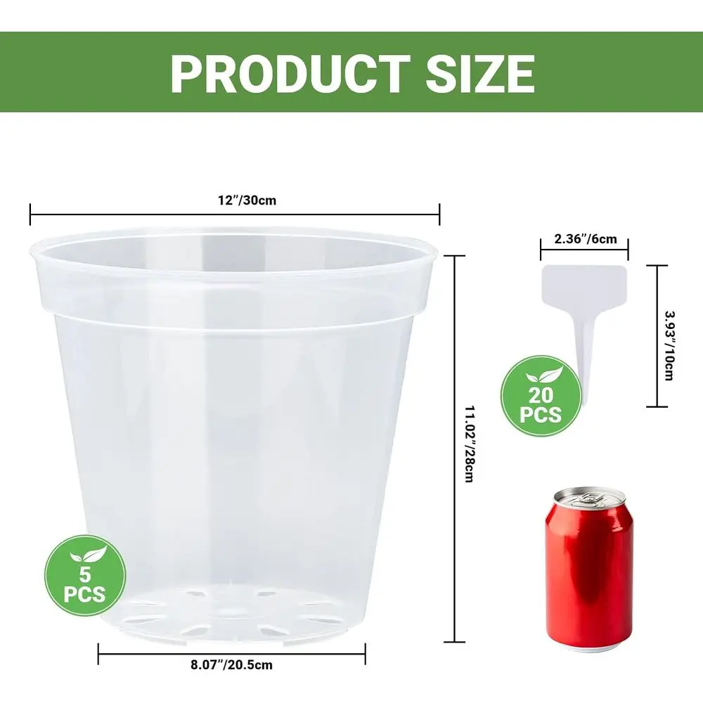 Clear Plastic Plant Pots with Drainage, 12 Inch Nursery Pots for Indoor & Outdoor Use, Pack of 5, Includes 20 Labels