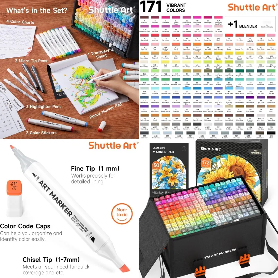 

Shuttle Art 172 Colors Dual Tip Alcohol Based Art Markers 171 Colors plus 1 Blender Permanent Marker 1 Marker Pad with Case Per