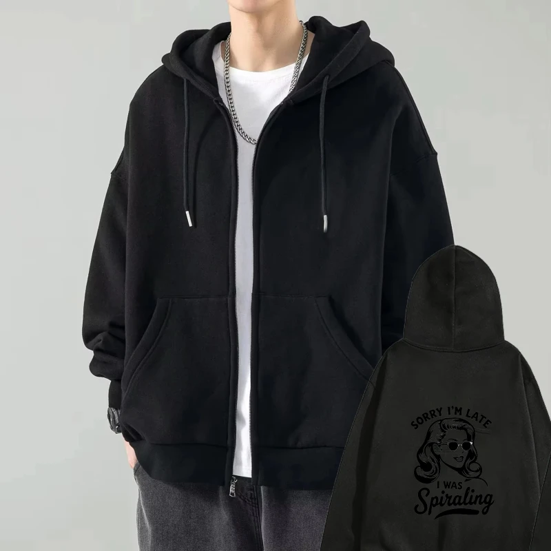 

Мужская куртка с капюшоном, черная милая кошка с принтом «Извините, я опоздал, я спираль», толстовка с рисунком, повседневная уличная одежда для повседневной носки и