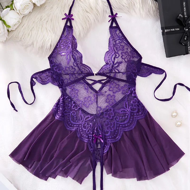 Women Sexy Pajama Set V-Neck Night Dress One-Piece Underwear Nightgown Lace Transparent Lingerie Solid-color Summer Pajamas Soft