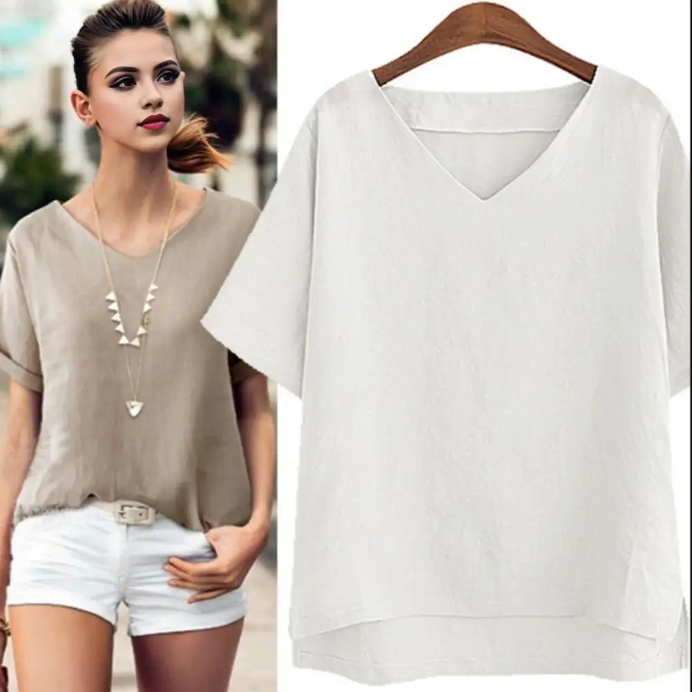 Summer Women T-shirt V-Neck Short Sleeve Tee Shirt Solid Color Loose Side Slit Hem T-shirt Streetwear