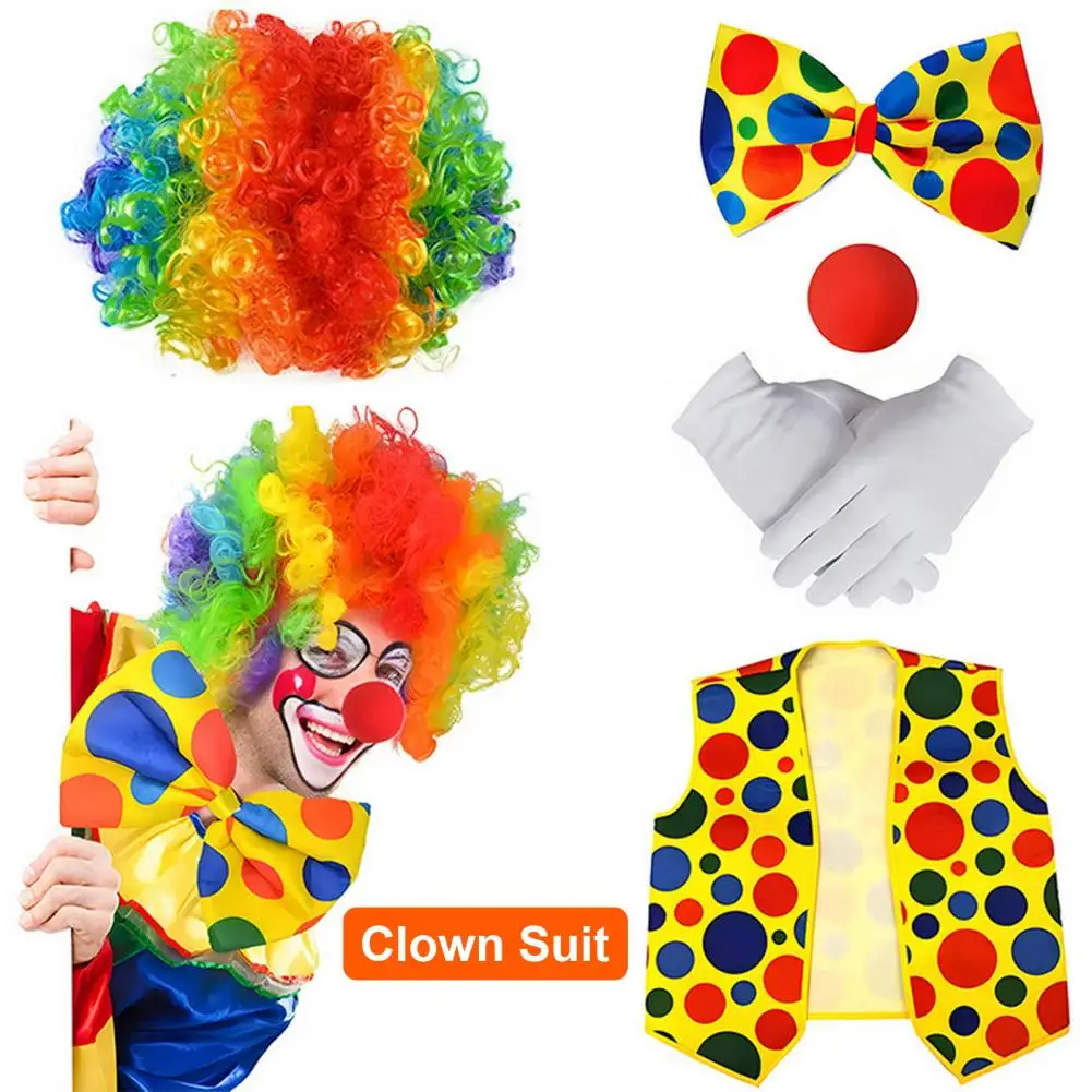 Halloween Clown Cosplay Costume Kit Wig Red Nose Gloves Vest Tie Shoe Men Women Adults Party Stage Performance Clown Dress-up Pr