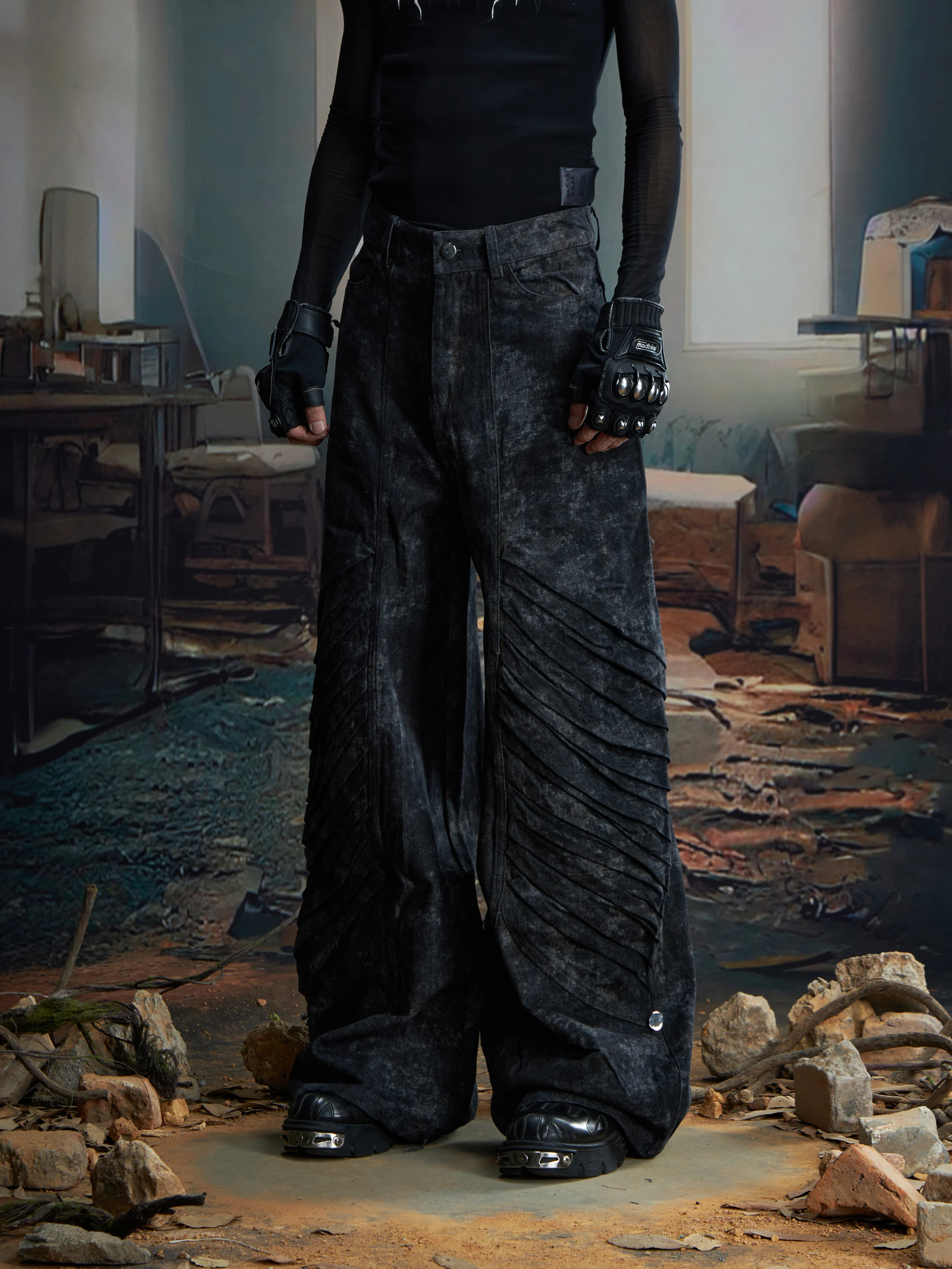 Design Dark Heavy Industry Deconstructs Double-Layer Structure Stitching Wide Leg Loose Burrs Tassels Brushed Jeans
