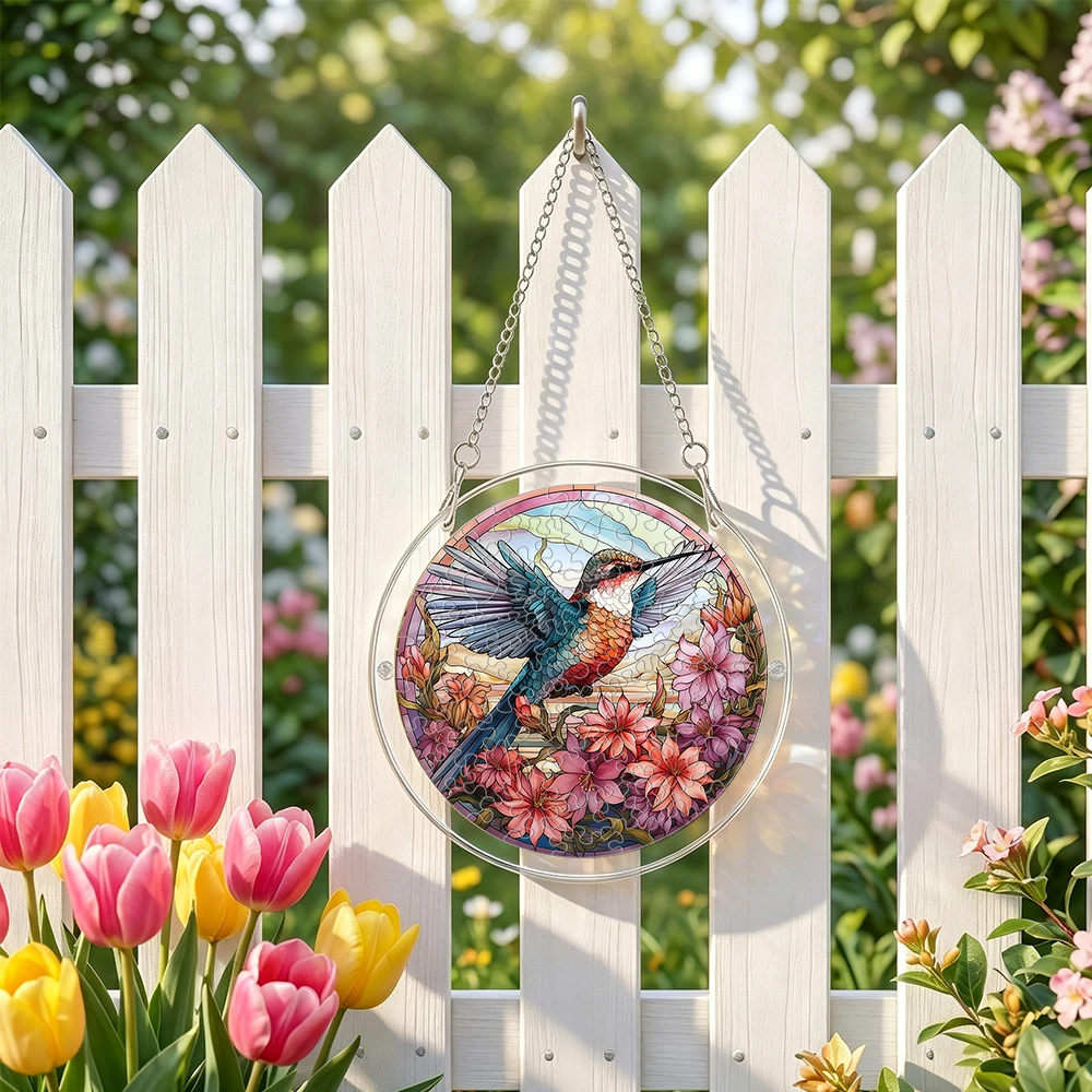 Stained Glass Style Acrylic Puzzle Suncatcher, 2 Sizes Available Hummingbird DIY Assembly Window Hanging Decor