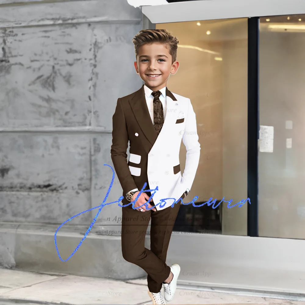 Full Suit Voor Jongens Avonddiner Formele Outfits Trouwfeest Kinderen Stijlvolle Bordeauxrode Witte Splicing Blazer Broek 2 Stuks