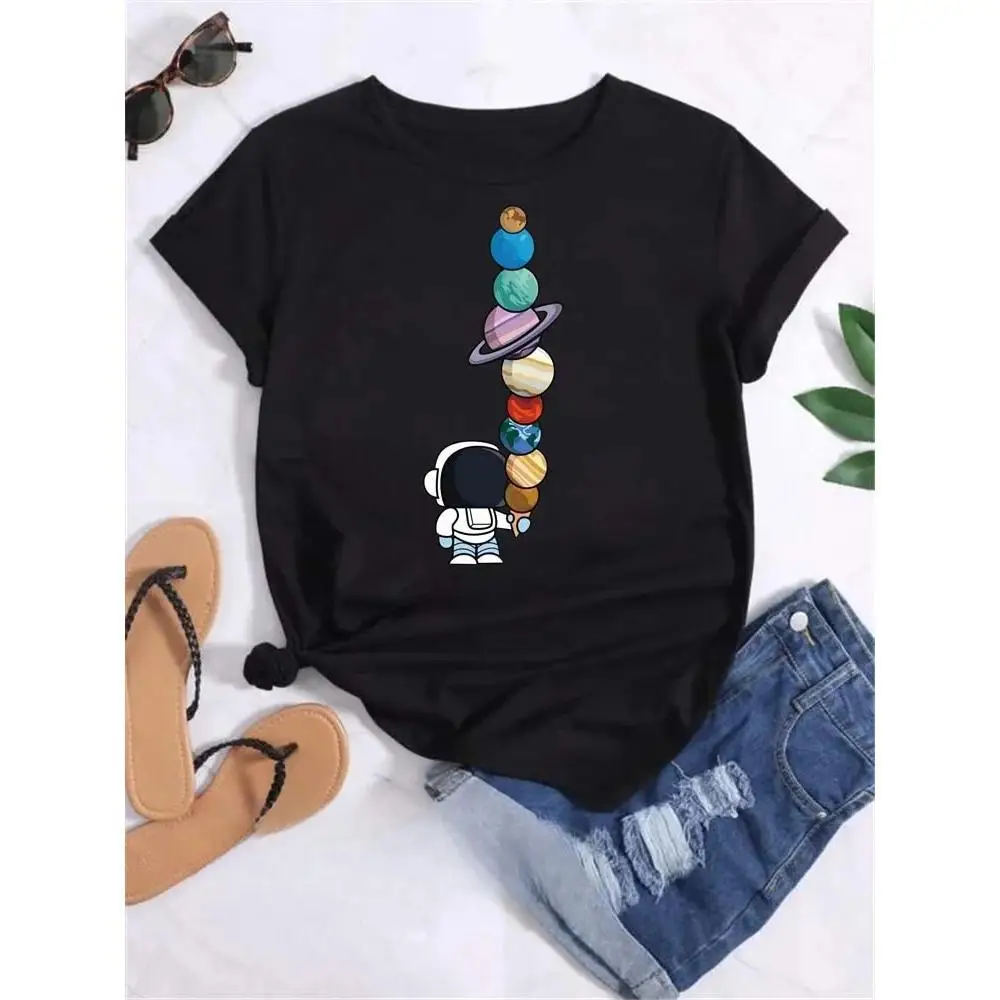 

Women Funny Moon Space Planet Print T Shirt Girl Casual Round Neck Short Sleeve Clothes Female Vintage Tops